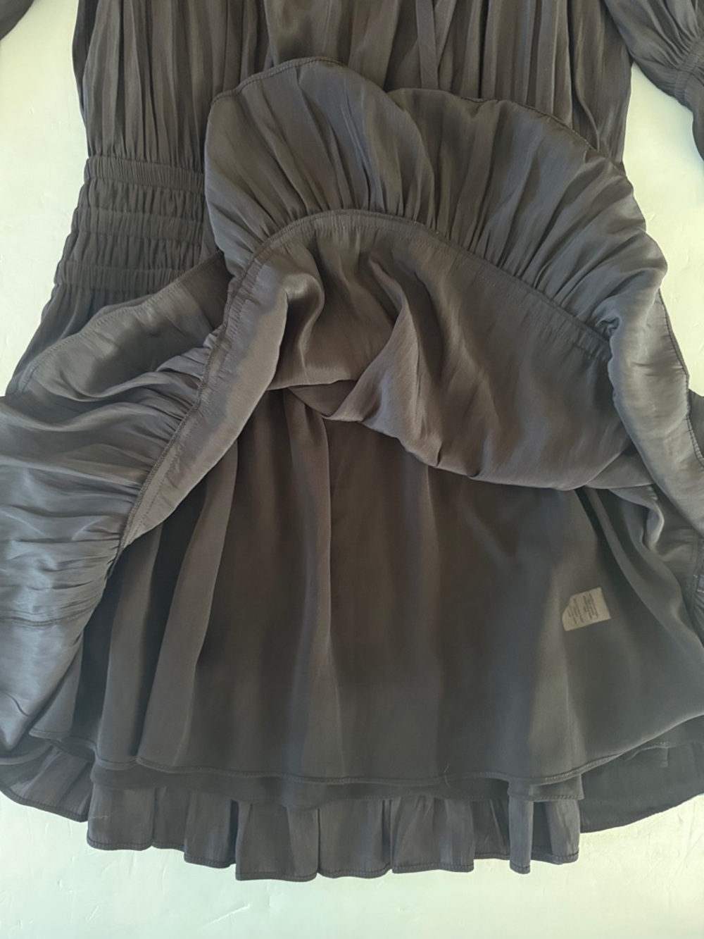 RAMY BROOK Black Dress Sz L Drop Waist Ruffle Hem Tie Neck Modern Elegance - Picture 8 of 16